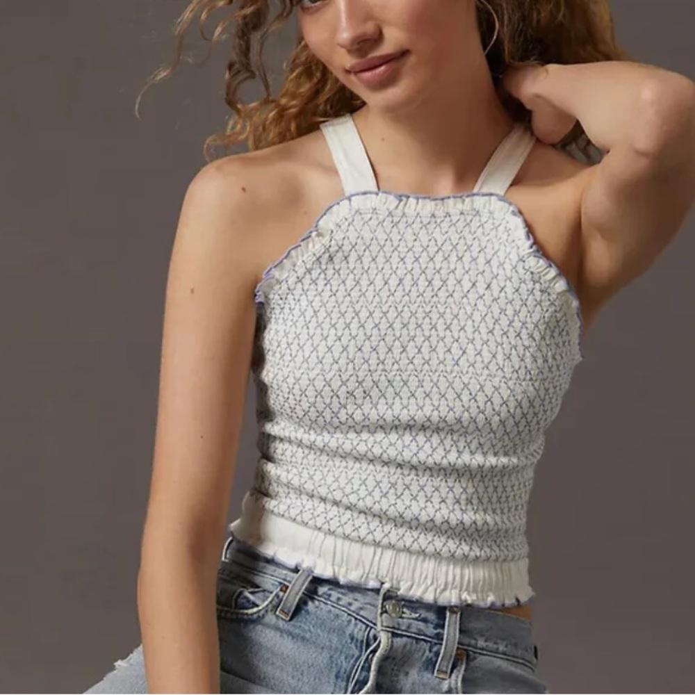 Anthropologie Smocked Halter Cropped Tank Top Thread Ivory Ruffle